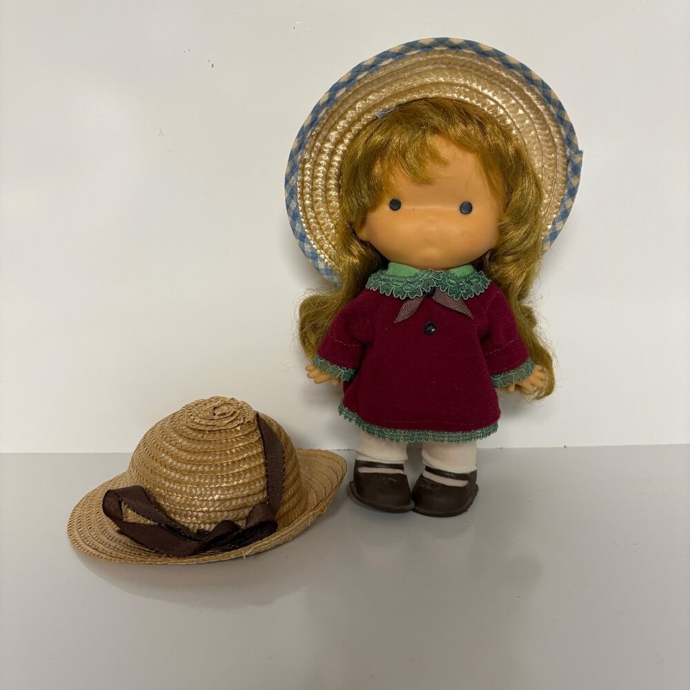Vintage Doll Pigtails Maroon Dress Two Straw Hats Made In Hong Kong 7"
